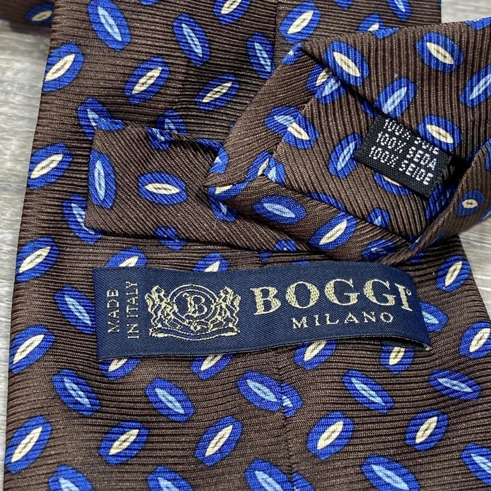 Boggi‎ Milano Tie Mens One Size Brown Blue Geometric 100% Silk Italy Classic